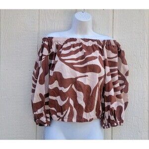 Rachel Zoe Linen Blend Off Shoulder Crop Top Sz S Crm/brwn Tropical Puff Slv